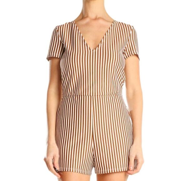 ZARA | Brick Striped V Neck Front Tie Shorts Romper | L - Picture 2 of 7